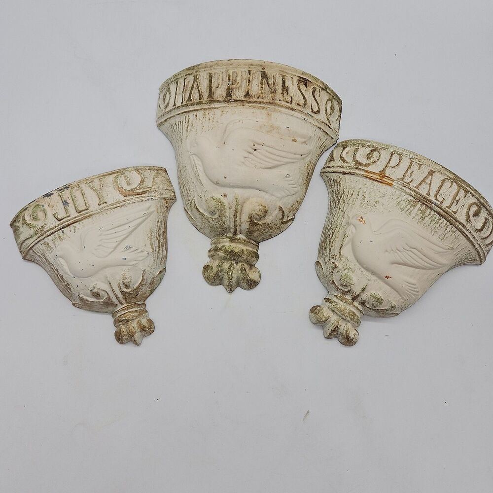 1976 Rustic Cream Gold Cast Metal Wall Pockets Planters Decor